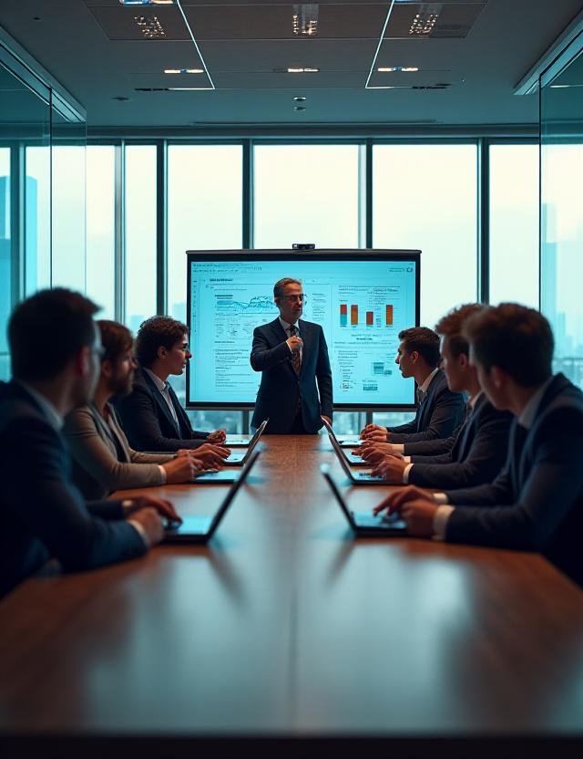 Professional team collaborating on a strategic roadmap in a modern boardroom