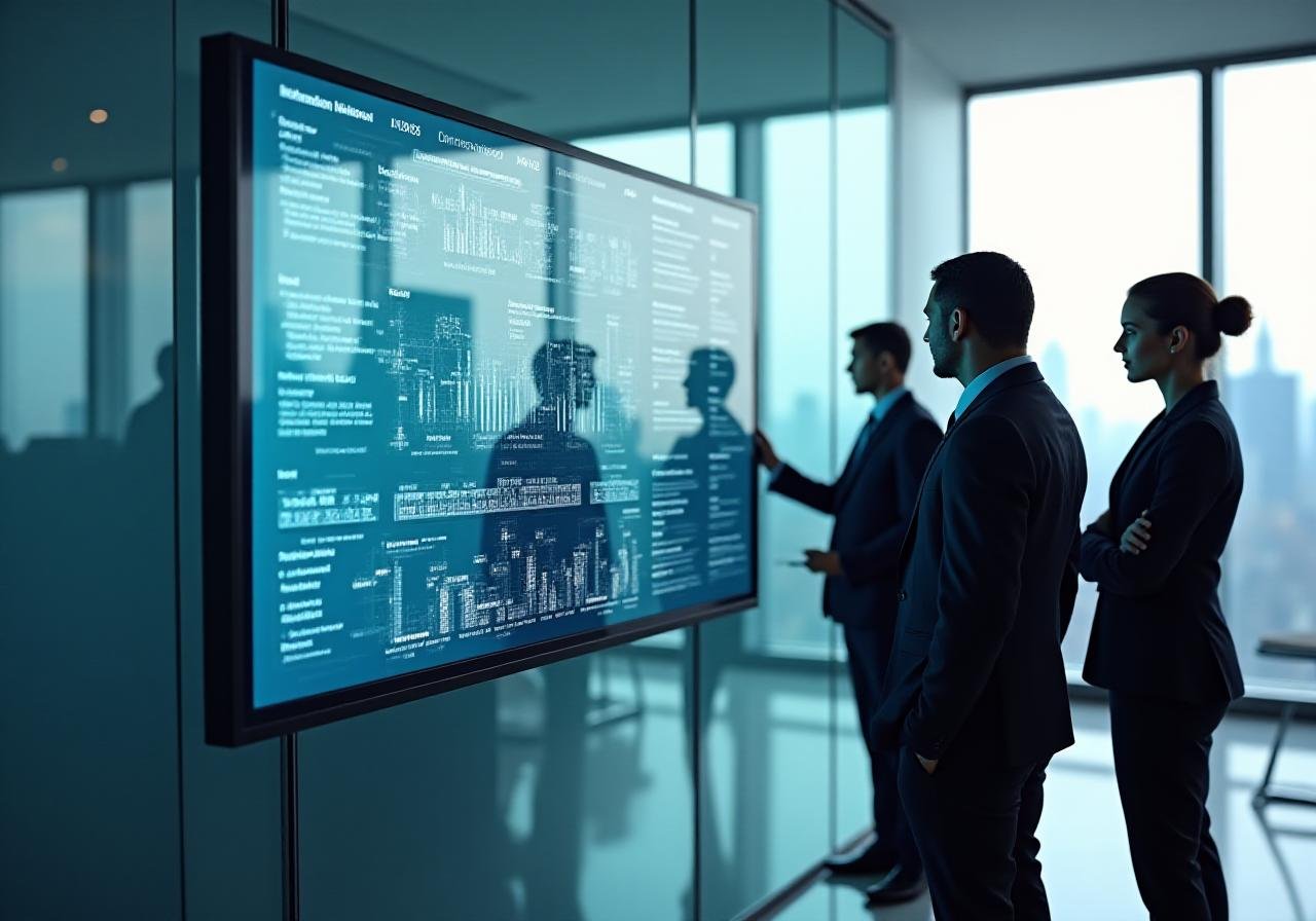 Team analyzing complex workflow diagrams in a modern corporate setting